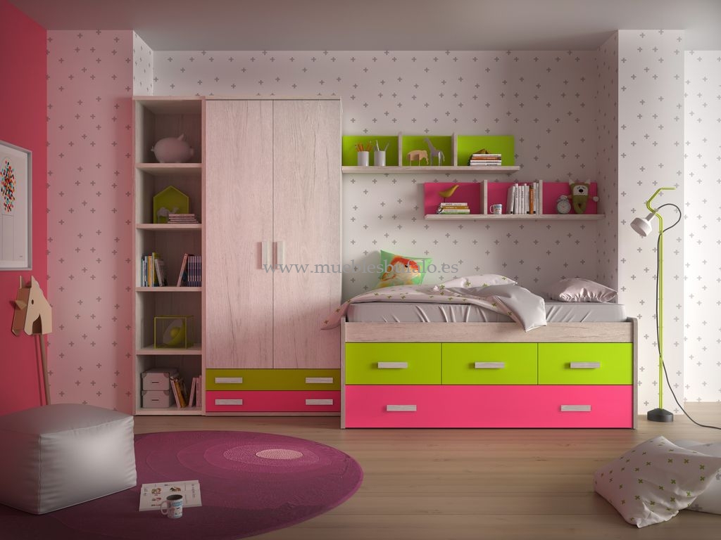 Dormitorio juvenil completo rosa con somieres