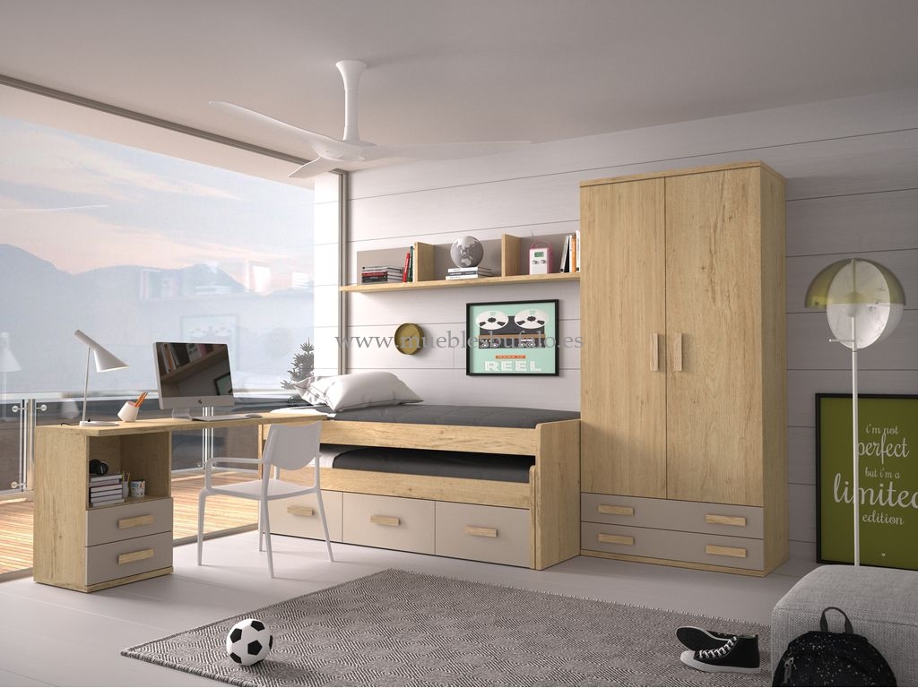 Dormitorio juvenil completo en roble y pine